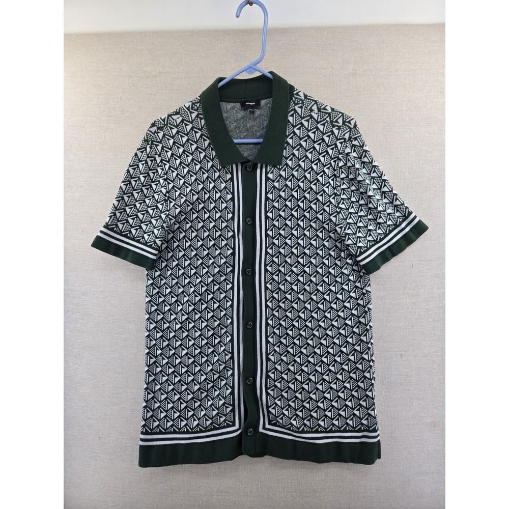 Express Mens Large Geometric Print Cotton Short Sleeve Sweater Polo Cardigan